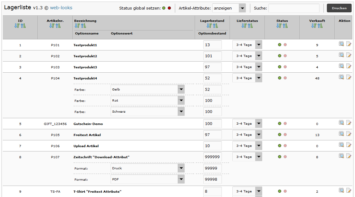 Lagerliste Attribute bearbeiten