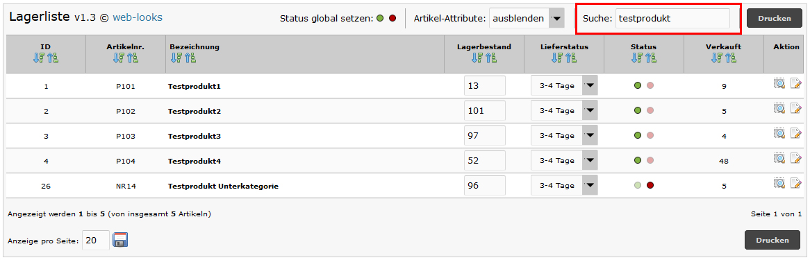 Lagerliste Suche nach Artikel