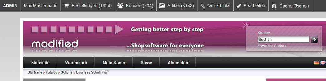 modified eCommerce  Shop Admin-Leiste