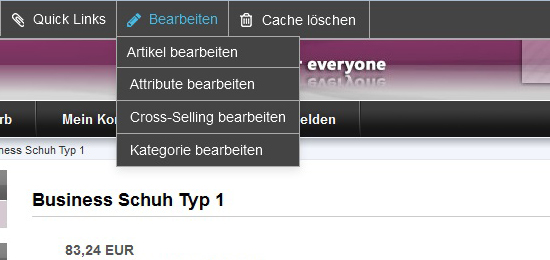 modified eCommerce  Shop Admin Bar Artikel Bearbeiten