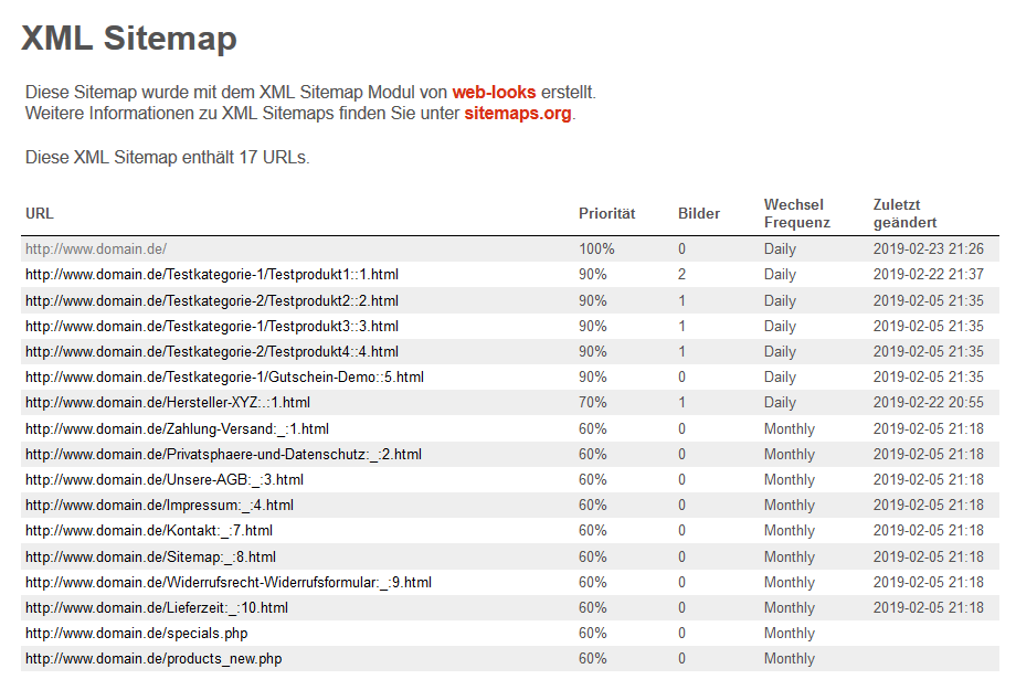 modified Shop - XML Sitemap Browser Ansicht