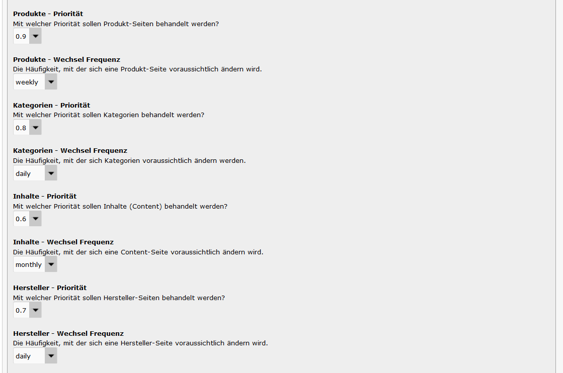 modified Shop - XML Sitemap Frequenz und Priorität