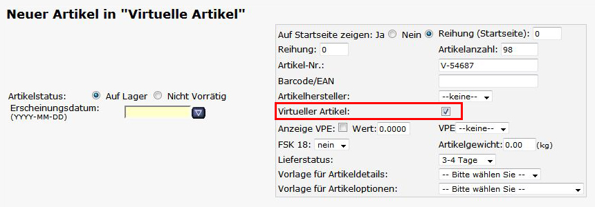 Virtuelle Artikel definieren