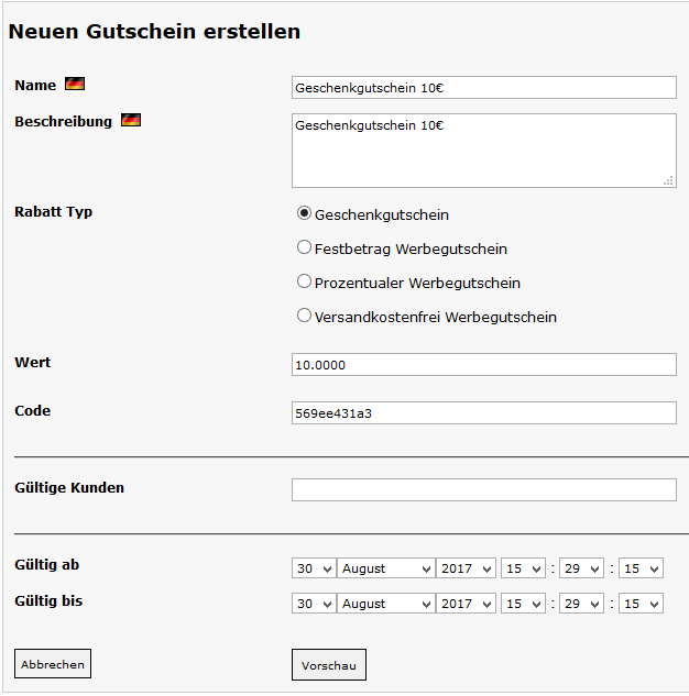 modified eCommerce  Shop Geschenkgutschein erstellen