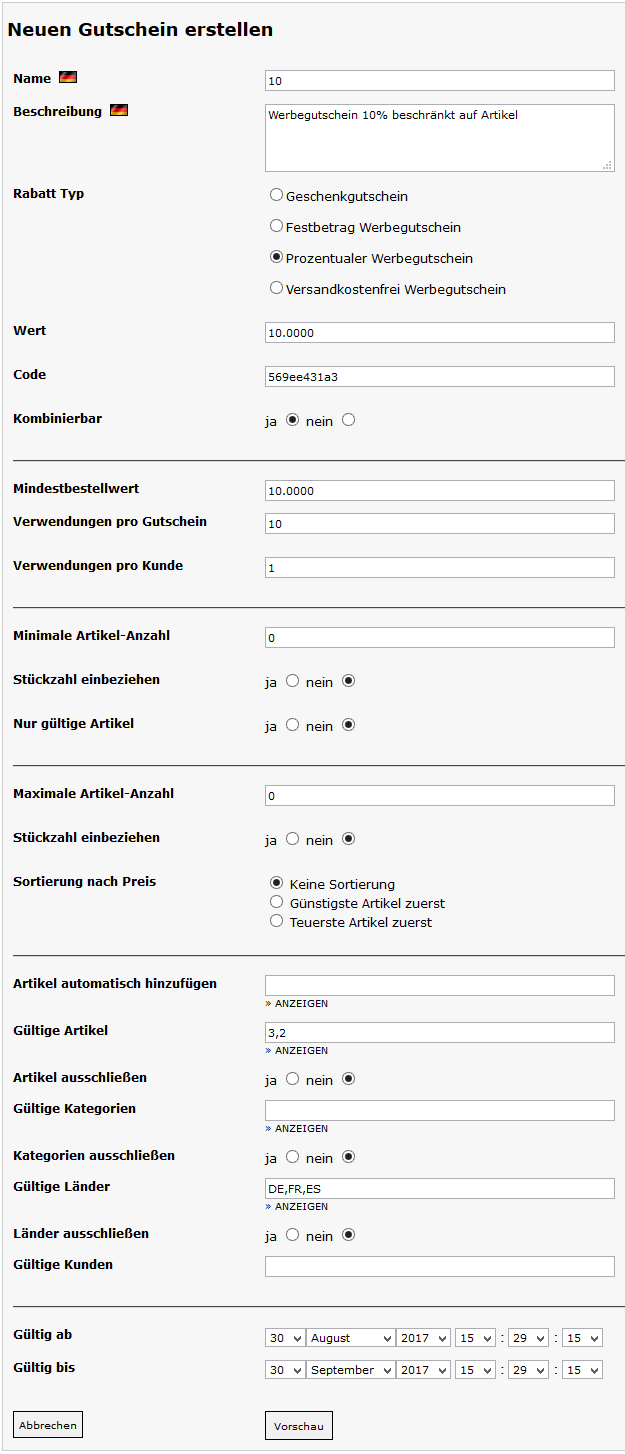 xt:Commerce  Shop Werbegutschein erstellen