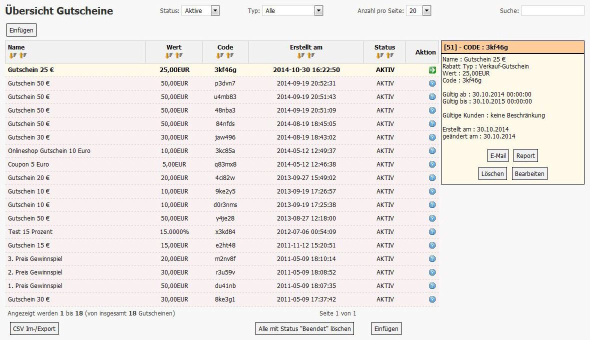 Gutscheine Admin Liste