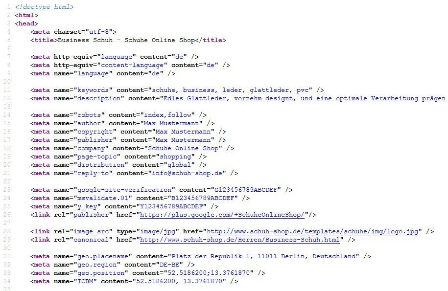 SEO Meta Tags Quelltext