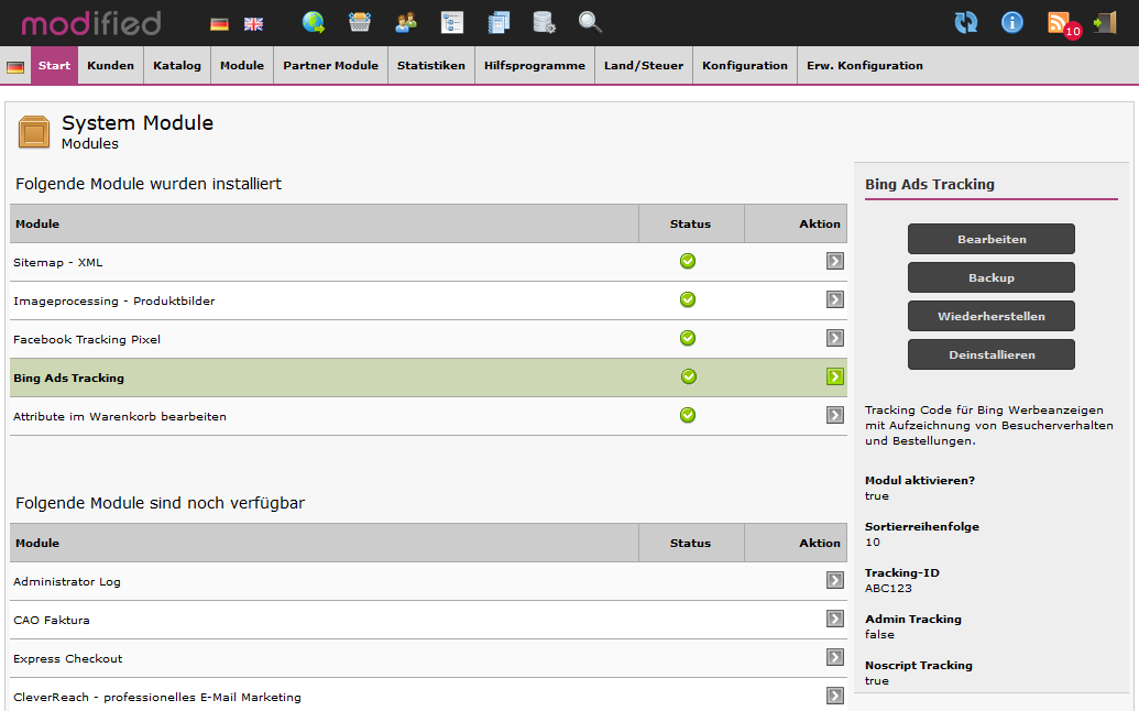 Modified eCommerce - Bing Ads Tracking System Modul