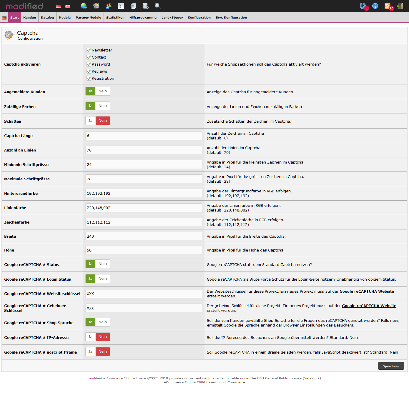 Modified eCommerce - Google reCAPTCHA Konfiguration