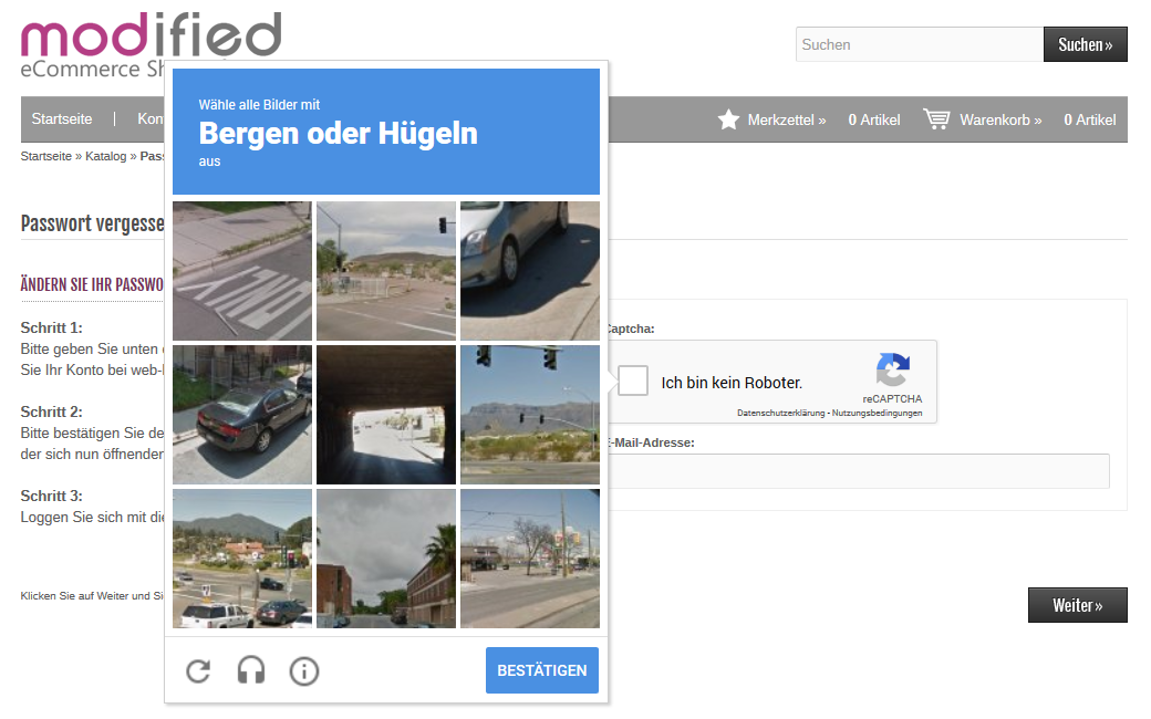 Modified eCommerce - Google reCAPTCHA Aufgabe