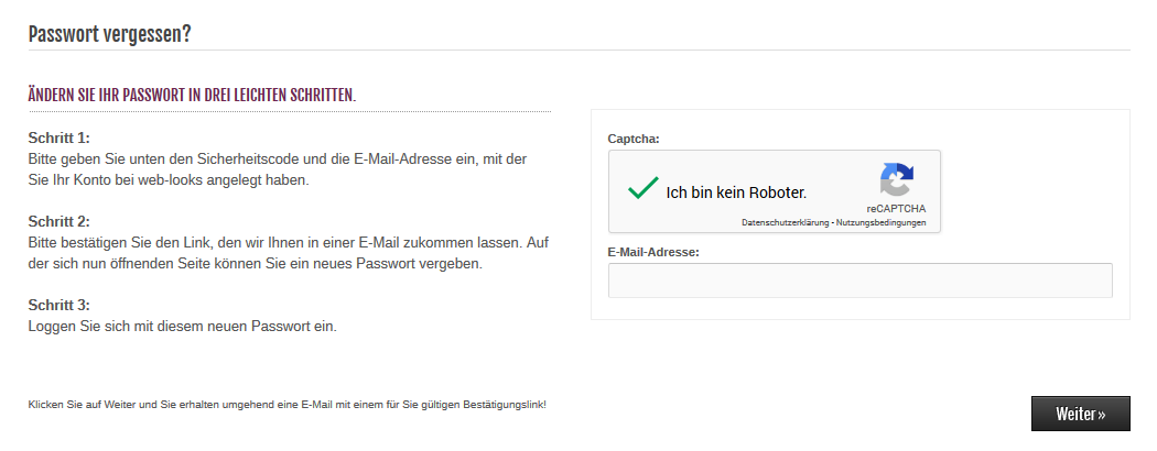 Modified Shop - Passwort vergessen mit Google reCAPTCHA