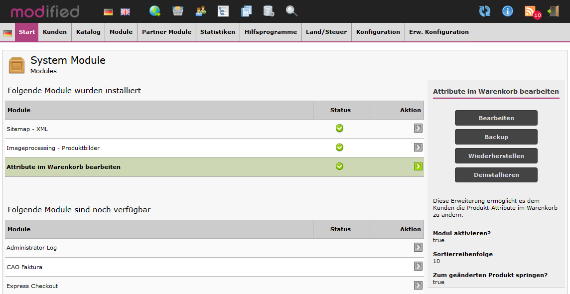 Modified eCommerce - Attribute Warenkorb System Modul