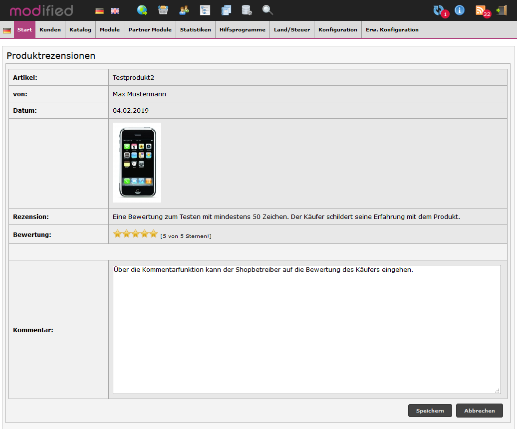 Modified Shop - Admin Kommentar zu Produktbewertung