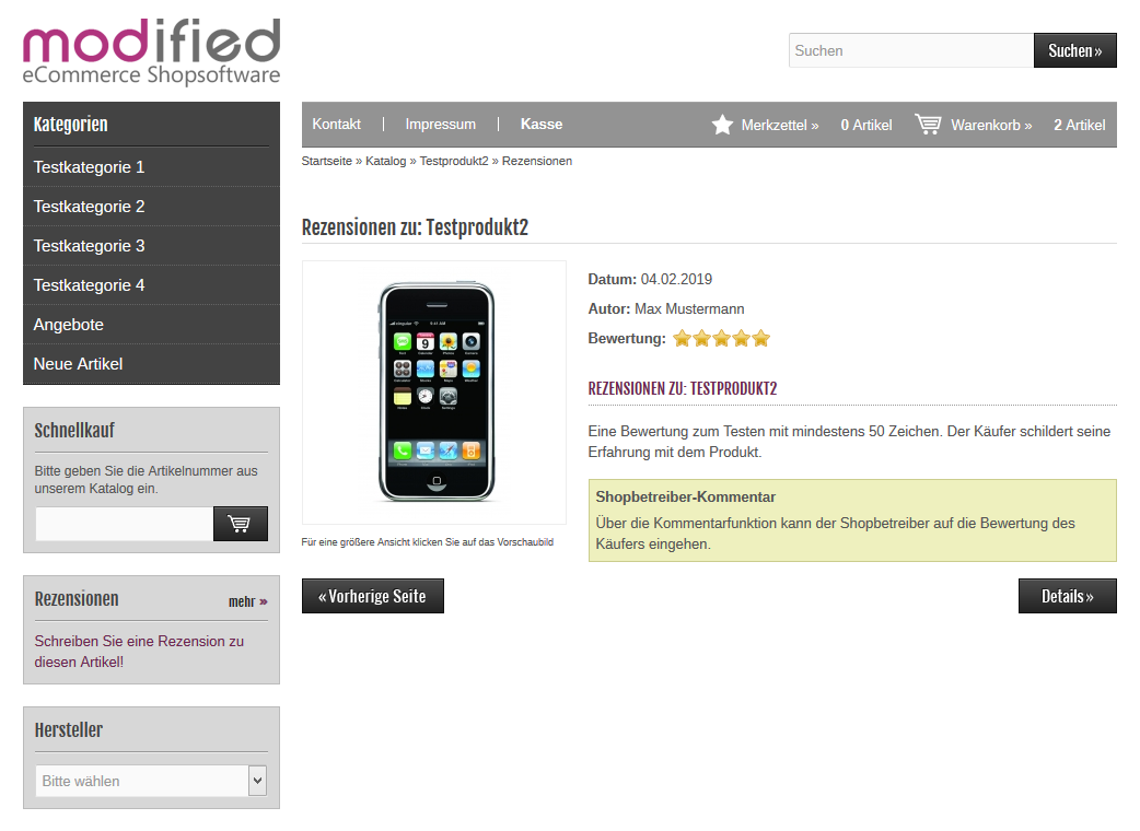 Modified Shop - Kommentar zu Bewertung auf Bewertungsseite