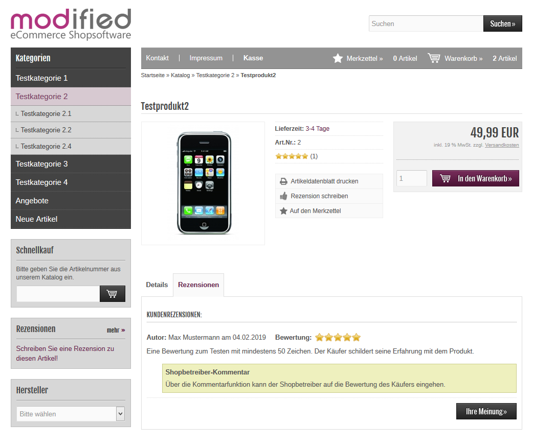 Modified Shop - Kommentar zu Bewertung auf Produktseite
