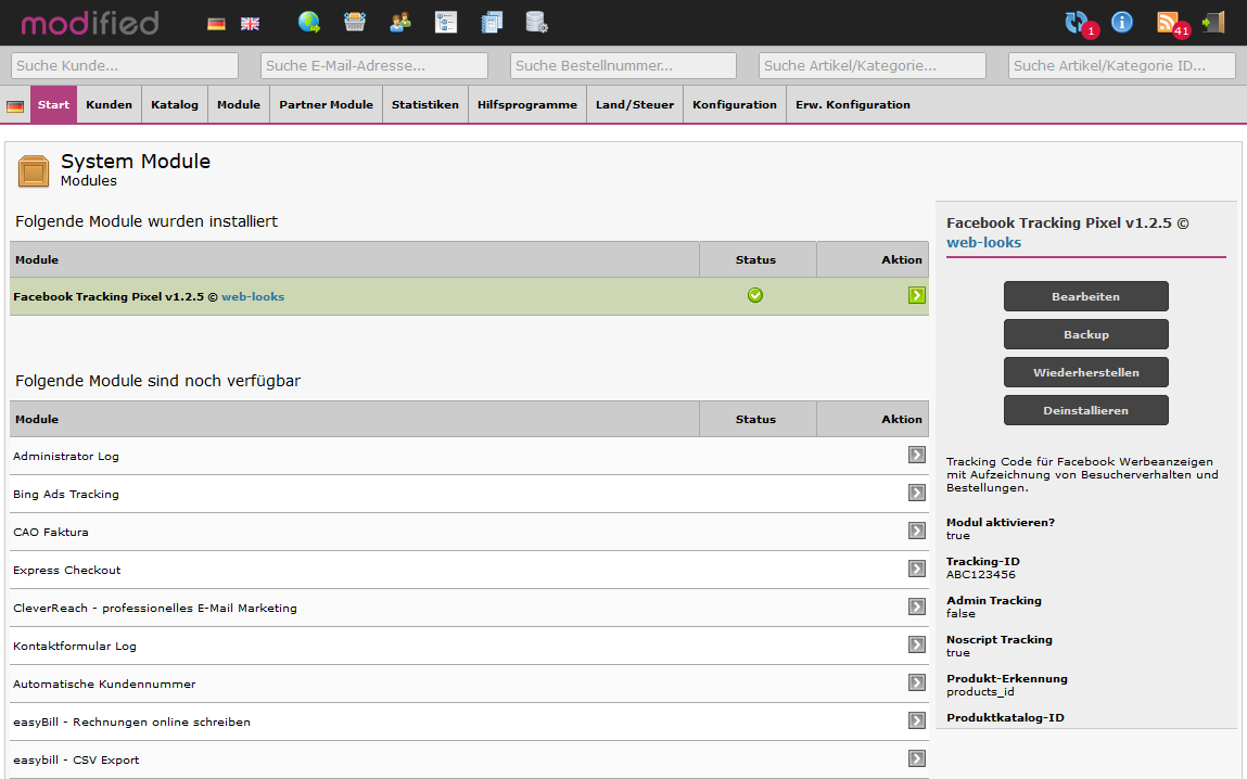 Modified eCommerce - Facebook Tracking System Modul