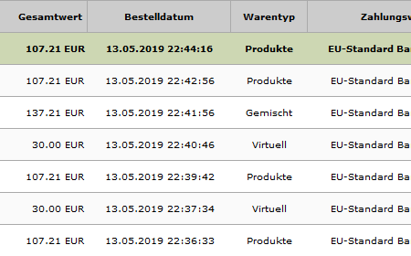 xt:Commerce  - Warentyp in der Bestellübersicht