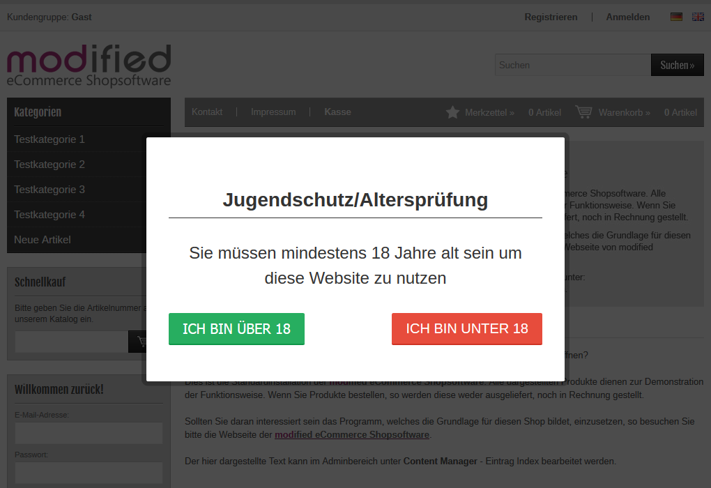 Modified eCommerce - Altersprüfung mit zwei Buttons