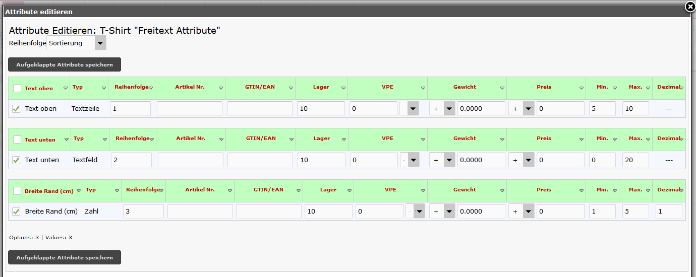 Freitext Attribute Artikel Einstellungen