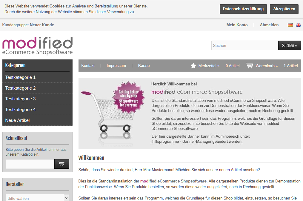 Modified eCommerce - Cookie Info im Kopfbereich Modified eCommerce - Cookie Info im Kopfbereich