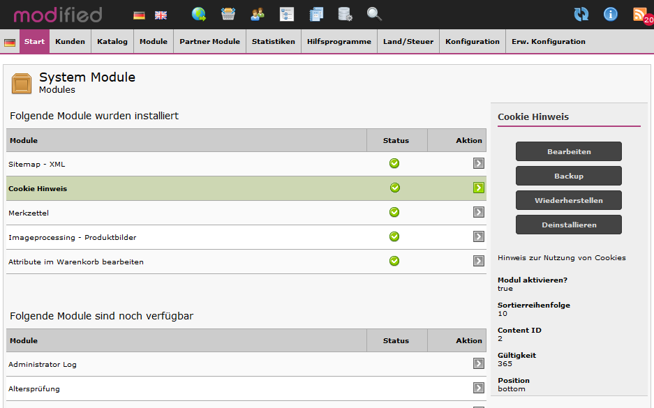 Modified eCommerce - Cookie Info System Modul Modified eCommerce - Cookie Info System Modul