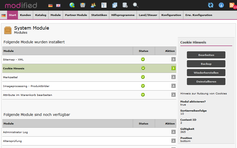 Modified eCommerce - Cookie Info System Modul