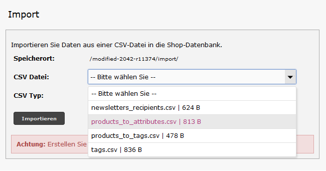 Modified eCommerce - CSV Import Datei Auswahl