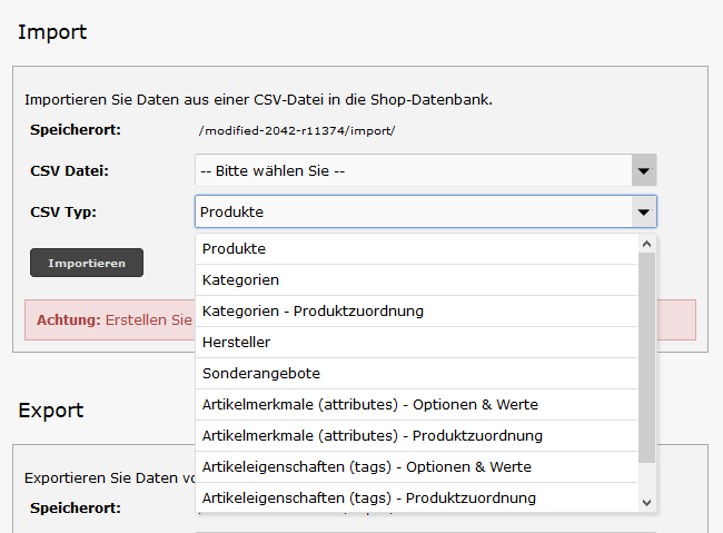 Modified eCommerce - CSV Import Typ Auswahl