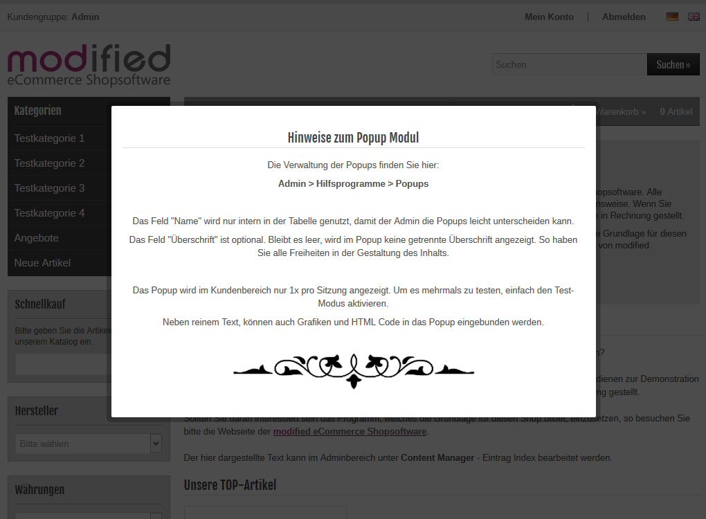 modified Shop - Info Popup Startseite