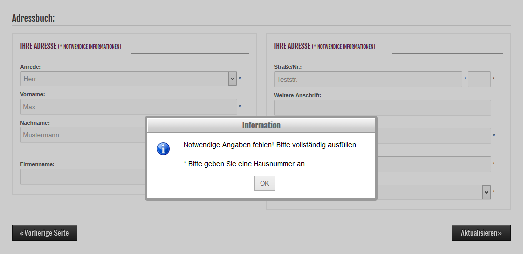 modified Shop - Hausnummer Fehlermeldung