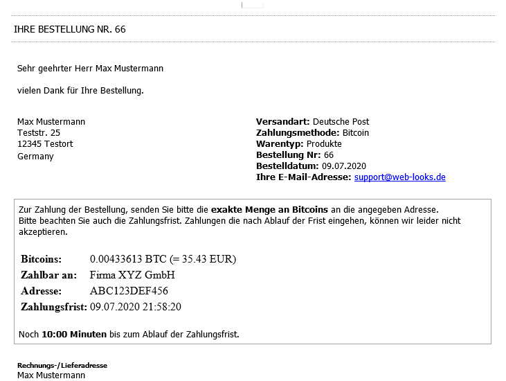 Modified eCommerce - Bitcoin Bestell-Email