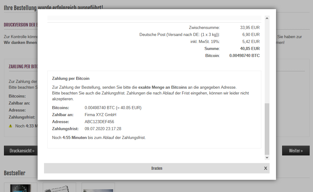 Modified eCommerce - Bitcoin Bestellung Drucken