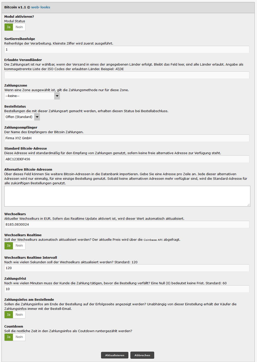 Modified eCommerce - Bitcoin Modul Einstellungen