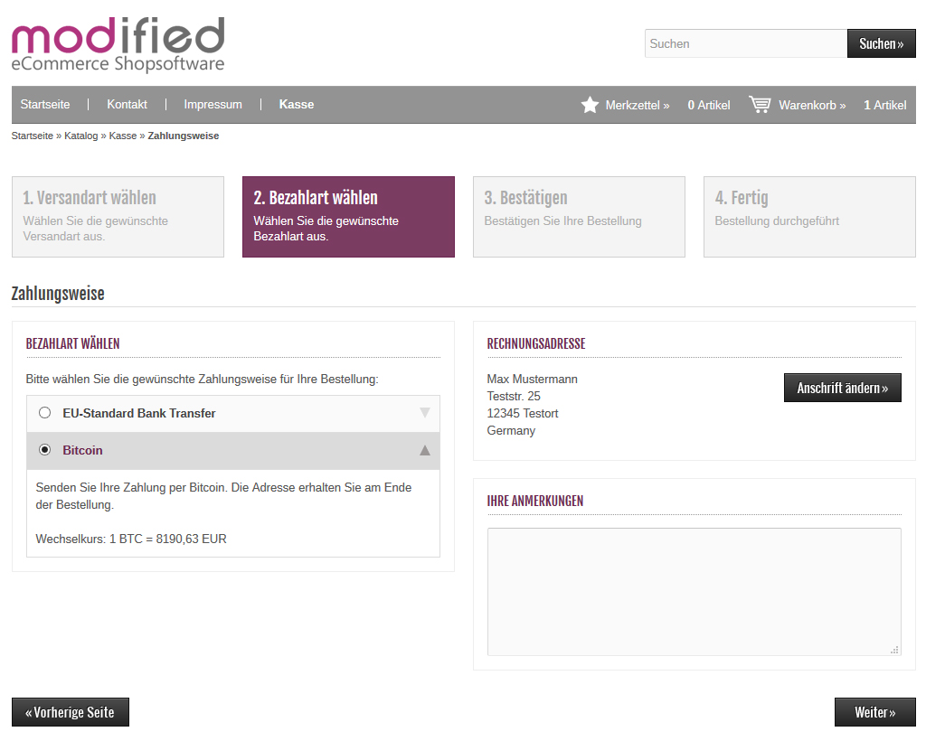 Modified Shop - Bitcoin Zahlungsart wählen