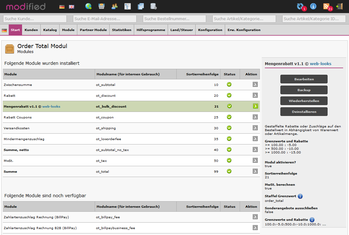 Modified eCommerce - Mengenrabatt Order Total Modul