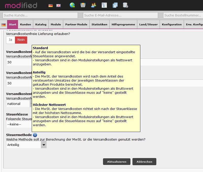 Anteilige Versandkosten Einstellungen Informationen