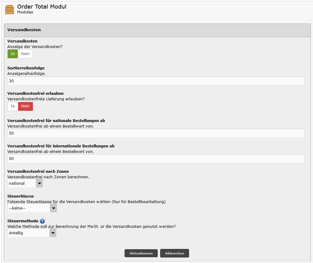 Anteilige Versandkosten Einstellungen