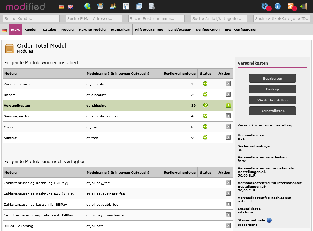 Modified eCommerce - Versandkosten Order Total Modul